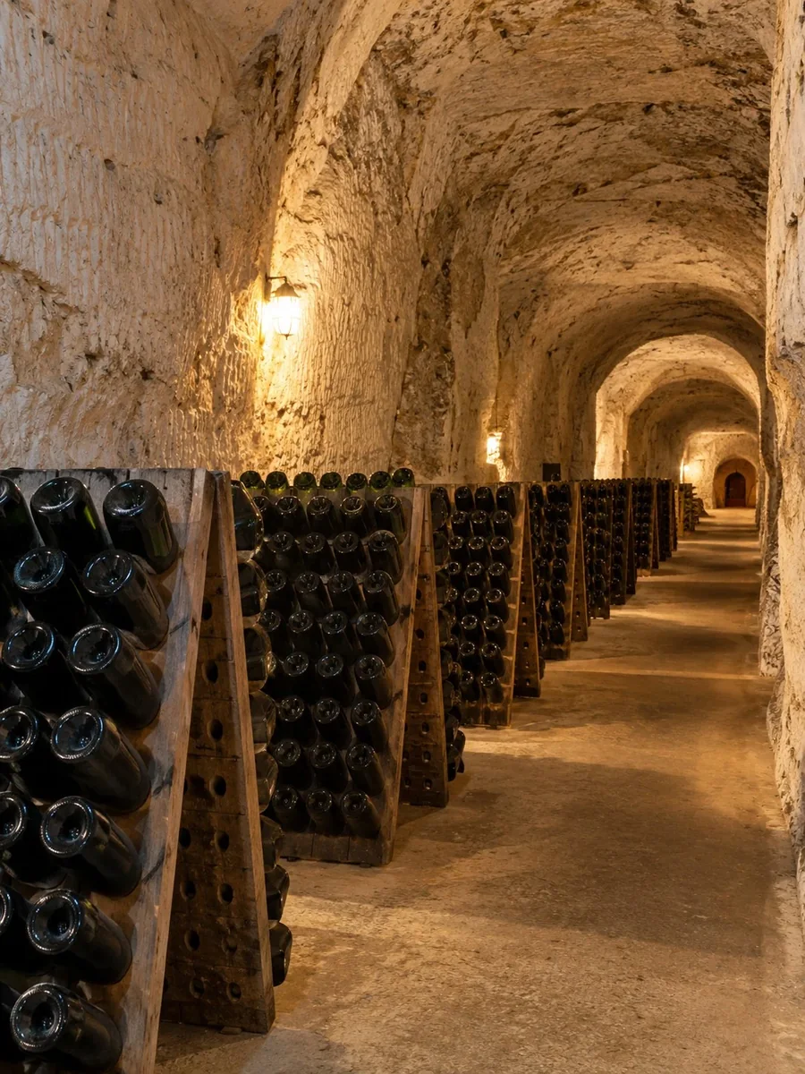 Bottles in riddling racks in a lamp-lit chalk cellar under Reims
